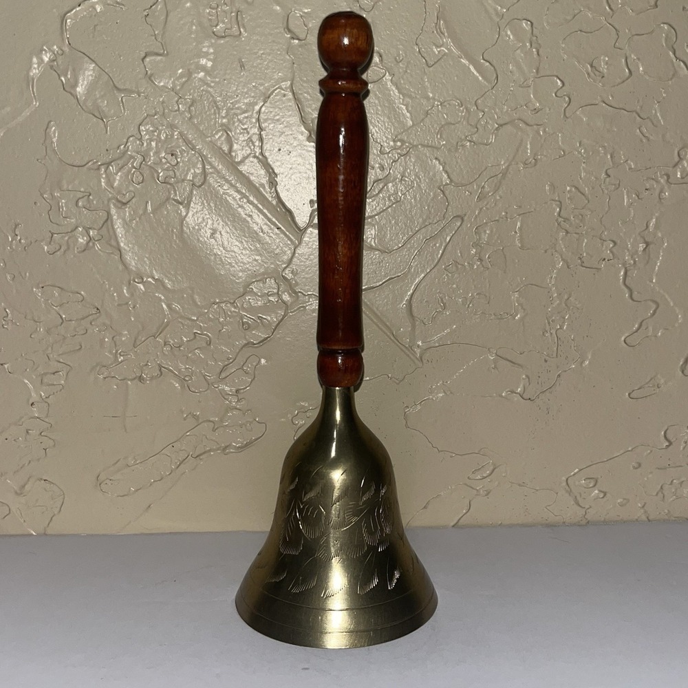Vintage Brass School Bell Etched with Wooden‎  Handle 9" Tall Made In India